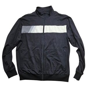 TravisMathew Full Zip Track Jacket Black Grey Stripe Mock Neck Size L Midweight